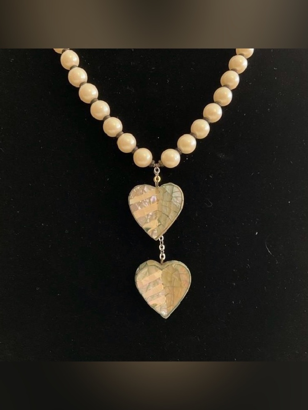 RARE Signed Miriam Haskell Pearl Bead Necklace with Abalone Heart Pendants #1276 - Picture 2 of 16